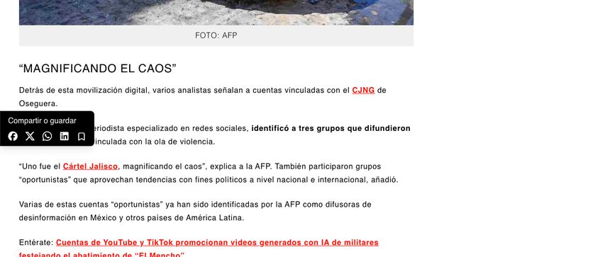 Captura de la nota de AFP (vía Animal Político)